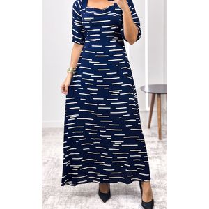 Vestido Longo Decote Reto Abstrato - Azul Marinho