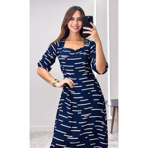 Vestido Longo Decote Reto Abstrato - Azul Marinho