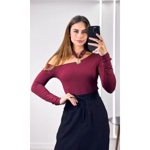 Body Poliamida Assimétrico com Manga - Bordô