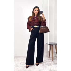 Camisa Crepe com Babado e Renda - Marrom