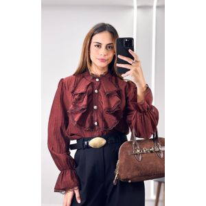 Camisa Crepe com Babado e Renda - Marrom
