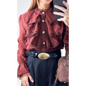 Camisa Crepe com Babado e Renda - Marrom