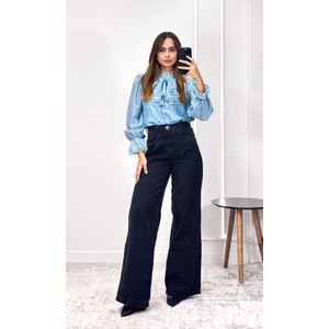 Camisa Crepe com Babado e Renda - Azul Claro