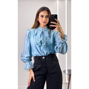 Camisa Crepe com Babado e Renda - Azul Claro