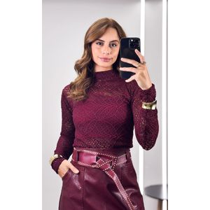 Blusa Rendada Gola Alta - Bordô