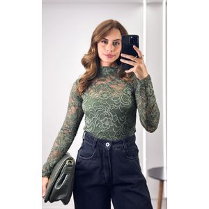 Blusa Rendada Gola Alta - Verde Oliva
