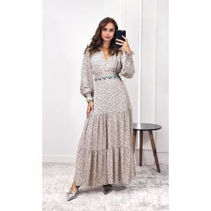 Vestido Linho com Manga Liberty - Bege/Azul