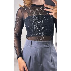 Body Tule Gola Alta Strass - Preto