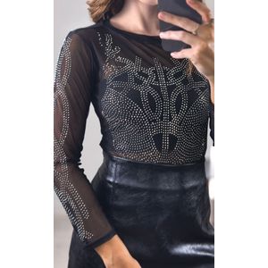 Body Tule Gola Alta Strass - Preto