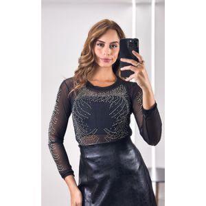 Body Tule Gola Alta Strass - Preto