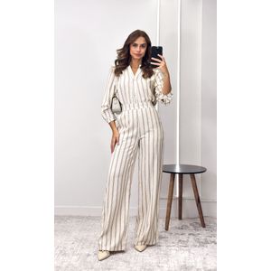 Conjunto Listrado Blusa Mullet e Calça - Cru/Marron