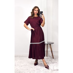 Vestido Linho com Guipir - Bordô
