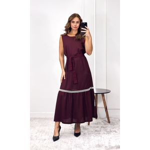 Vestido Linho Cavado com Guipir - Bordô