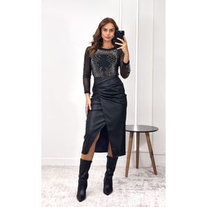 Saia Midi Courino Drapeada - Preto