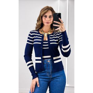 Conjunto Tricô Listrado Casaco e Regata - Azul/Off