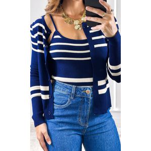 Conjunto Tricô Listrado Casaco e Regata - Azul/Off