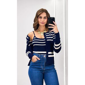 Conjunto Tricô Listrado Casaco e Regata - Azul/Off