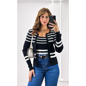 Conjunto Tricô Listrado Casaco e Regata - Preto/Branco
