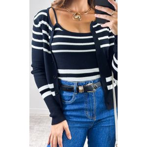 Conjunto Tricô Listrado Casaco e Regata - Preto/Branco