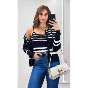 Conjunto Tricô Listrado Casaco e Regata - Preto/Branco