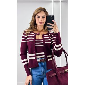 Conjunto Tricô Listrado Casaco e Regata - Bordô/Off