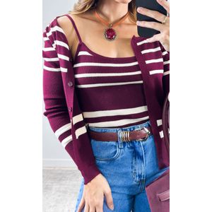 Conjunto Tricô Listrado Casaco e Regata - Bordô/Off