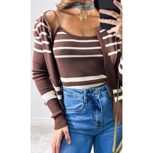 Conjunto Tricô Listrado Casaco e Regata - Marrom/Off