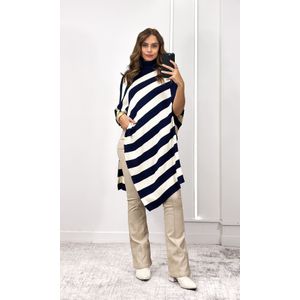 Blusa Tricô Assimétrica Listrada - Off/Azul Marinho