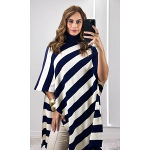 Blusa Tricô Assimétrica Listrada - Off/Azul Marinho