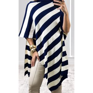 Blusa Tricô Assimétrica Listrada - Off/Azul Marinho