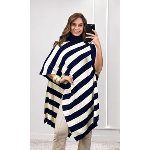 Blusa Tricô Assimétrica Listrada - Off/Azul Marinho