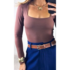 Body Poliamida Decote Quadrado Manga - Marrom