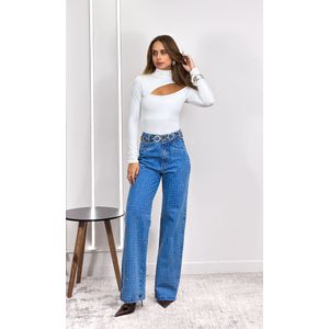 Calça Jeans Wide Leg com Brilho - Azul Claro