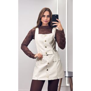 Conjunto Courino Saia e Blusa Botões - Bege Claro