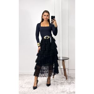 Saia Tule Bordado Em Camadas - Preto