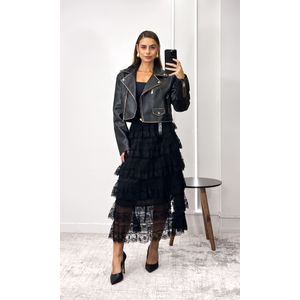 Saia Tule Bordado Em Camadas - Preto