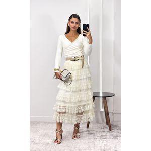Saia Tule Bordado Em Camadas - Off