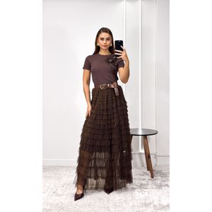 Saia Tule Em Camadas - Marrom Escuro