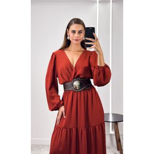 Vestido Longo Crepe com Manga - Terracota