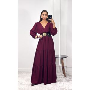 Vestido Longo Crepe com Manga - Vinho
