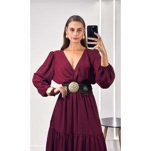 Vestido Longo Crepe com Manga - Vinho