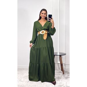 Vestido Longo Crepe com Manga - Verde