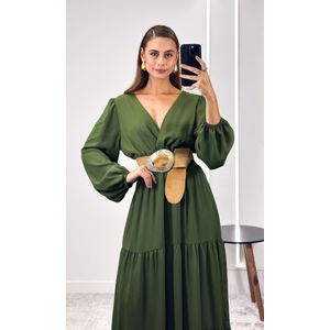 Vestido Longo Crepe com Manga - Verde