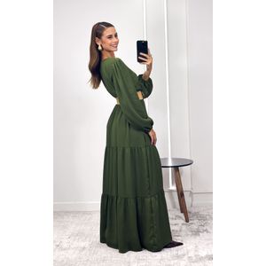Vestido Longo Crepe com Manga - Verde