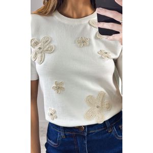 Blusa Tricô Modal Flores Crochê - Off