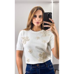 Blusa Tricô Modal Flores Crochê - Off