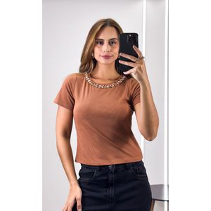 Blusa Malha Pedras na Gola - Caramelo