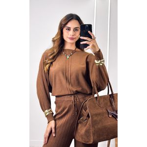 Conjunto Tricô Modal Blusa e Calça Elena - Caqui