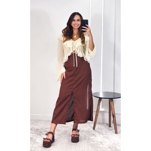 Saia Linho Midi com Fenda - Marrom