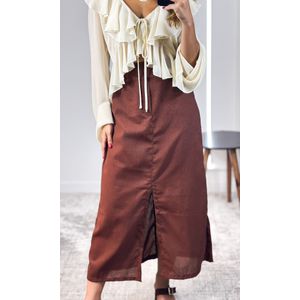 Saia Linho Midi com Fenda - Marrom